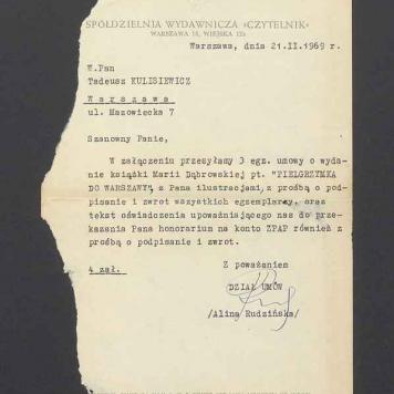 Pismo dotyczące załącznika do umowy o wydanie książki Marii Dąbrowskiej "Pielgrzymka do Warszawy"