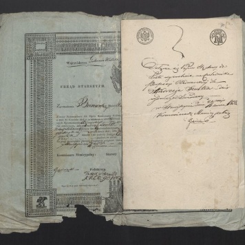 Świadectwo wyzwolenia na czeladnika Cechu Bednarskiego w Stawiszynie z trwale załączonym potwierdzeniem przyjęcia opłaty skarbowej 