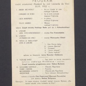 Program Akademii ku czci Leonarda da Vinci; zaproszenie na uroczysty wieczór w 500 rocznicę urodzin Leonarda da Vinci