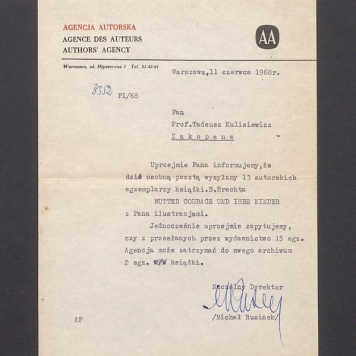 Agencja Autorska: informacja o wysyłce  książek B. Brechta z ilustracjami T. Kulisiewicza