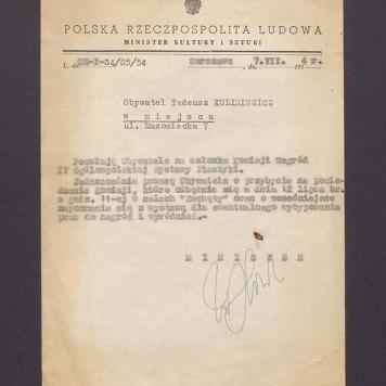 Minister Kultury i Sztuki: powołanie na członka Komisji Nagród IV Ogólnopolskiej Wystawy Plastyki