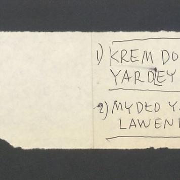 Karteczka z listą zakupów (krem do golenia i mydło lawenda)