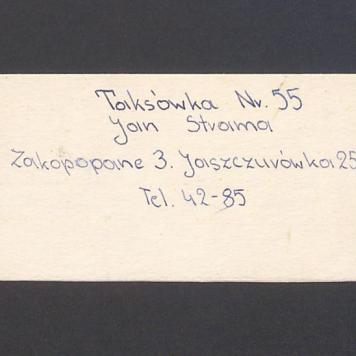 Karteczka z tekstem: "Taksówka Nr. 55"