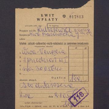 Kwit wpłaty na przejazd (wraz z żoną) z Warszawy do Wenecji pociągiem