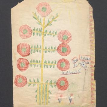 Rodzaj laurki, samodzielnie wyklejonej, z kwiatkami i słoneczkiem, na odwrocie wyliczenia matematyczne