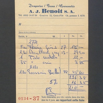 Rachunek, Drapieries/Tissus/Nouveautes A. J. Benois S. A.