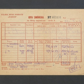 Kopia zamówienia na bilety zagraniczne dla T. i M. Kulisiewiczów na trasę Warszawa-Wenecja w wagonie sypialnym