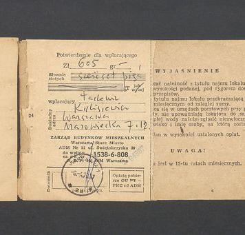 Książeczka opłat z tytułu najmu lokalu w Warszawie, na ulicy Mazowieckiej 7 m.12, część I