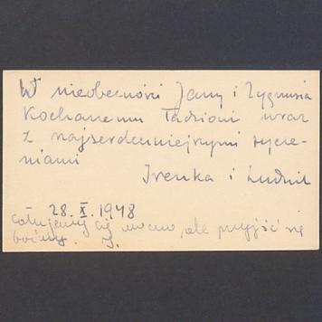 Bilecik z życzeniami imieninowymi dla T. Kulisiewicza