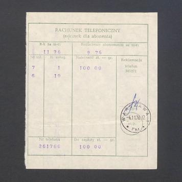 Rachunek telefoniczny (odcinek dla abonenta), za listopad 1976r. 