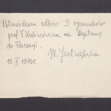 Potwierdzenie odbioru rysunków na wystawę we Florencji 