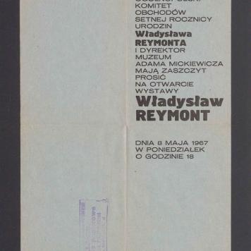 Zaproszenie na otwarcie wystawy "Władysław Reymont"