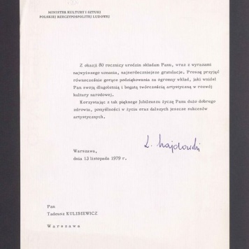 Z okazji 80 rocznicy urodzin składam Panu, wraz z wyrazami najwyższego uznania, najserdeczniejsze gratulacje [...]