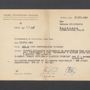 Polskie Wydawnictwo Muzyczne: informacja o przekazaniu honorarium