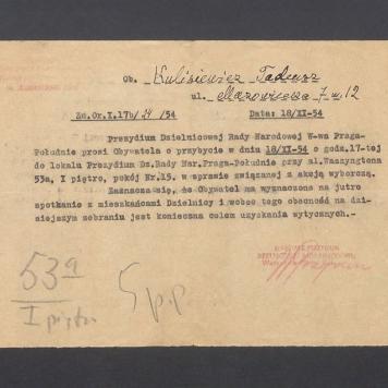 Prośba o przybycie do lokalu Prezydium Dz. Rady Nar. ws. związanej z akcją wyborczą