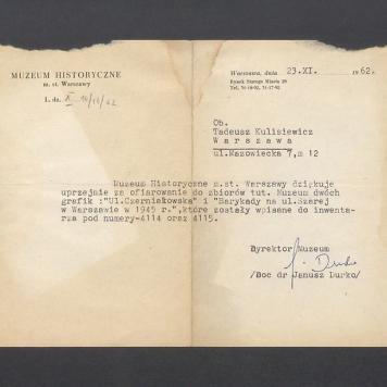 Podziękowanie za ofiarowanie grafik do Muzeum Historycznego m. st. Warszawy