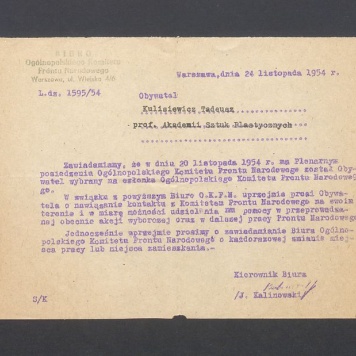 Zawiadomienie o wyborze na członka Ogólnopolskiego Komitetu Frontu Narodowego