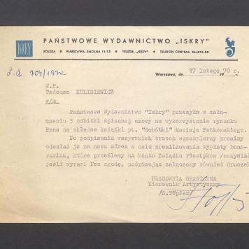 Państwowe Wydawnictwo "Iskry" przesyła w załączeniu 3 odbitki spisanej umowy [...]