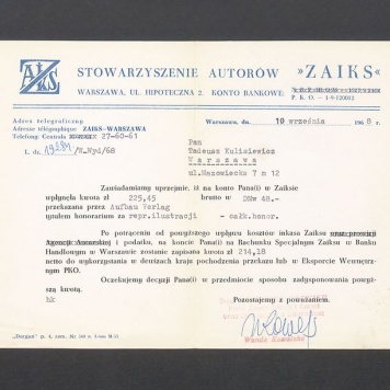 Stowarzyszenie Autorów "Zaiks": zawiadomienie o wpłynięciu honorarium pieniężnego na konto