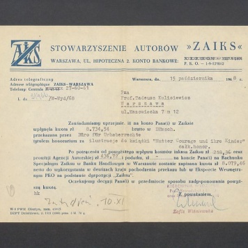 Stowarzyszenie Autorów "Zaiks": zawiadomienie o wpływie honorarium pieniężnego na konto