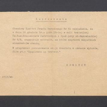 Zaproszenie na zebranie organizowane przez Obwodowy Komitet Frontu Narodowego