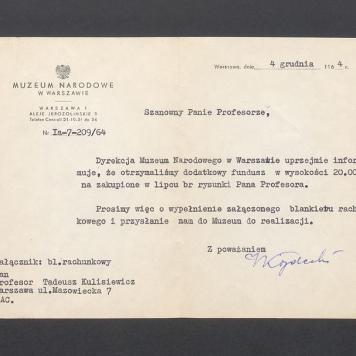 Informacja o otrzymaniu funduszu na rysunki T. Kulisiewicza przez Muzeum Narodowe w Warszawie