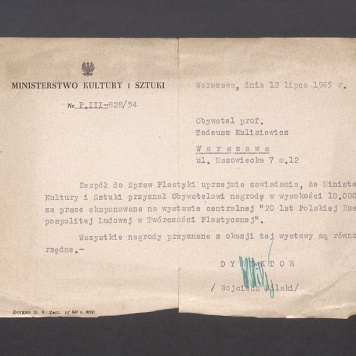 Zawiadomienie o otrzymaniu nagrody pieniężnej od Ministerstwa Kultury i Sztuki