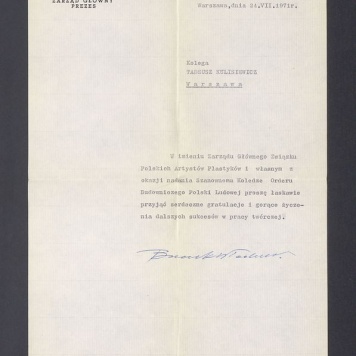 Związek Polskich Artystów Plastyków: gratulacje z okazji nadania Orderu Budowniczego Polski Ludowej