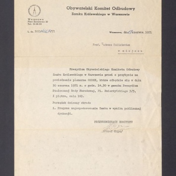 Obywatelski Komitet Odbudowy Zamku Królewskiego w Warszawie: zaproszenie na posiedzenie plenarne