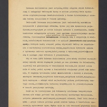 Tadeusz Kulisiewicz jest artystą, który osiągiem swych doświadczeń i osiągnięć twórczych [...]