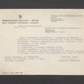 Biuro Współpracy Kulturalnej z Zagranicą przekazuje - otrzymane za pośrednictwem Ambasady PRL [...]