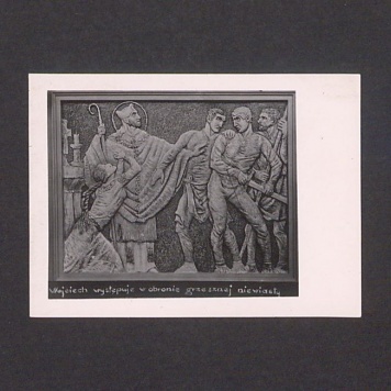 Płaskorzeźba ojca Efrema. Św. Wojciech występuje w obronie grzesznej niewiasty.