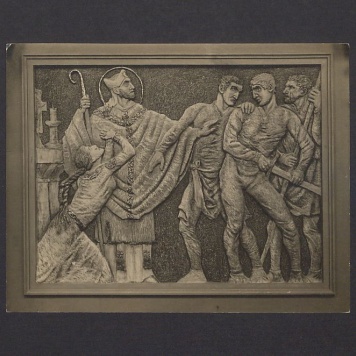 Płaskorzeźba Ojca Efrema. Św. Wojciech występuje w obronie grzesznej niewiasty.