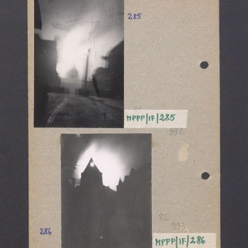 Widok na płonącą katedrę od ul. Tumskiej.