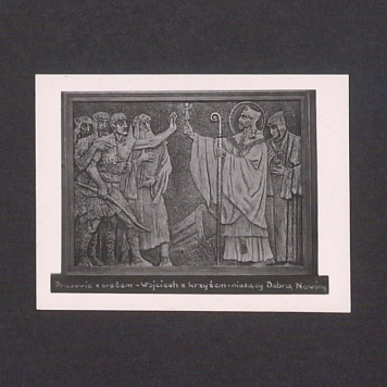 Płaskorzeźba ojca Efrema. Św. Wojciech z krzyżem niosący Dobrą Nowinę.