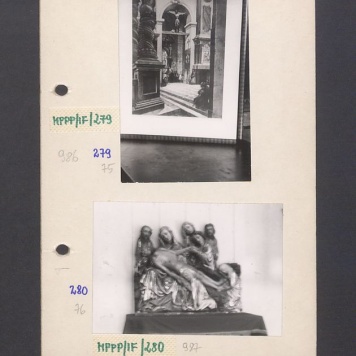 Obraz z wnętrzem katedry o wystroju barokowym.