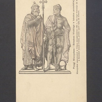 Posąg Mieszka I i Bolesława Chrobrego w katedrze poznańskiej - pocztówka wydana nakładem Józefa Chociszewskiego w Gnieźnie.