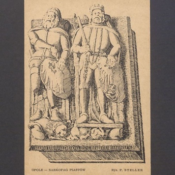Sarkofag Piastów opolskich w kościele franciszkańskim - Bolko I i Bolko II - wiek XIV. Rysunek w zbiorach Liceum Pedagogicznego w Opolu.