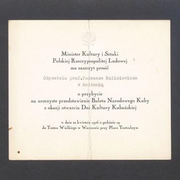 Zaproszenie na przedstawienie Baletu Narodowego Kuby