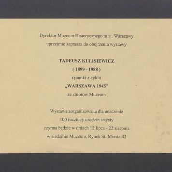 Zaproszenie do obejrzenia wystawy "Tadeusz Kulisiewicz (1899-1988) rysunki z cyklu Warszawa 1945"