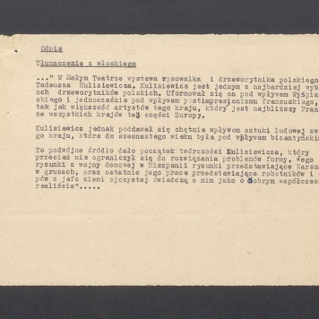 Odpis, tłumaczenie z włoskiego. "W małym teatrze wystawa rysownika i drzeworytnika polskiego [...]"