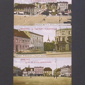 Widokówka wieloobrazkowa. Rynek z widokiem na ul. Chrobrego, ul. Dąbrówki i Łubieńskiego, Rynek od strony południowej.