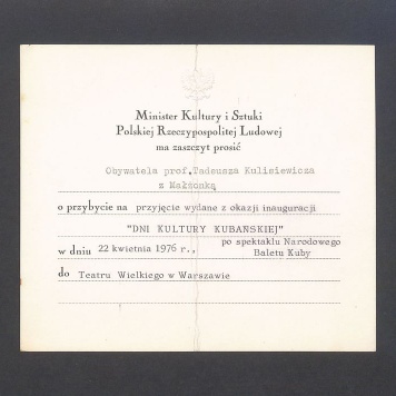 Zaproszenie na przyjęcie z okazji inauguracji "Dni Kultury Kubańskiej"