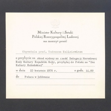 Zaproszenie na obiad wydany na cześć Delegacji Narodowej Rady Kultury Republiki Kuby