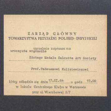 Zaproszenie na wręczenie Złotego Medalu Calcutta Art Society Prof. Tadeuszowi Kulisiewiczowi