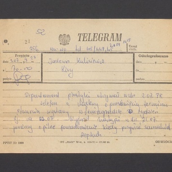 Telegram. Departament Plastyki otrzymał w dn. 2.07 PR telefon [...]