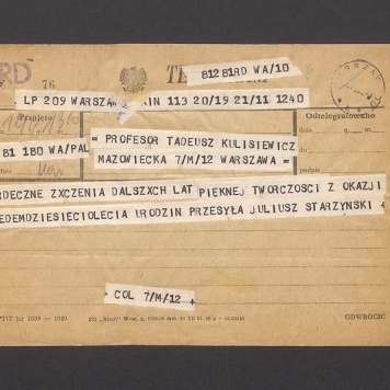 Telegram. Serdeczne życzenia dalszych lat pięknej twórczości [...]