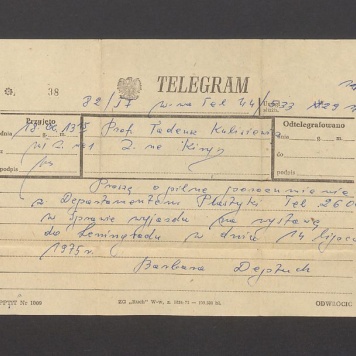 Telegram. Proszę o pilne porozumienie z Departamentem Plastyki [...]
