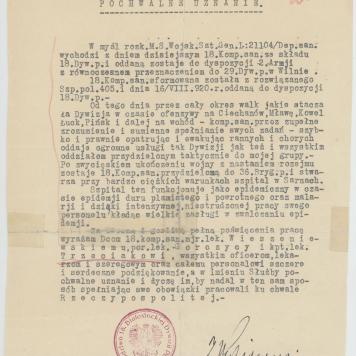 Maszynopis "Pochwalnego uznania" dla Mieczysława Trzeciaka za służbę w 18. Dywizji Piechoty