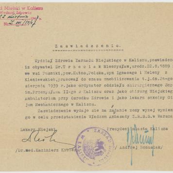 Zaświadczenie o pracy Mieczysława Trzeciaka w różnych ośrodkach medycznych